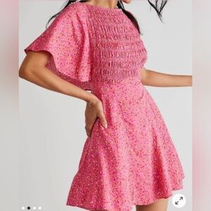 Free People Ruched Flutter Sleeve Mini Dress in Orange Pink
